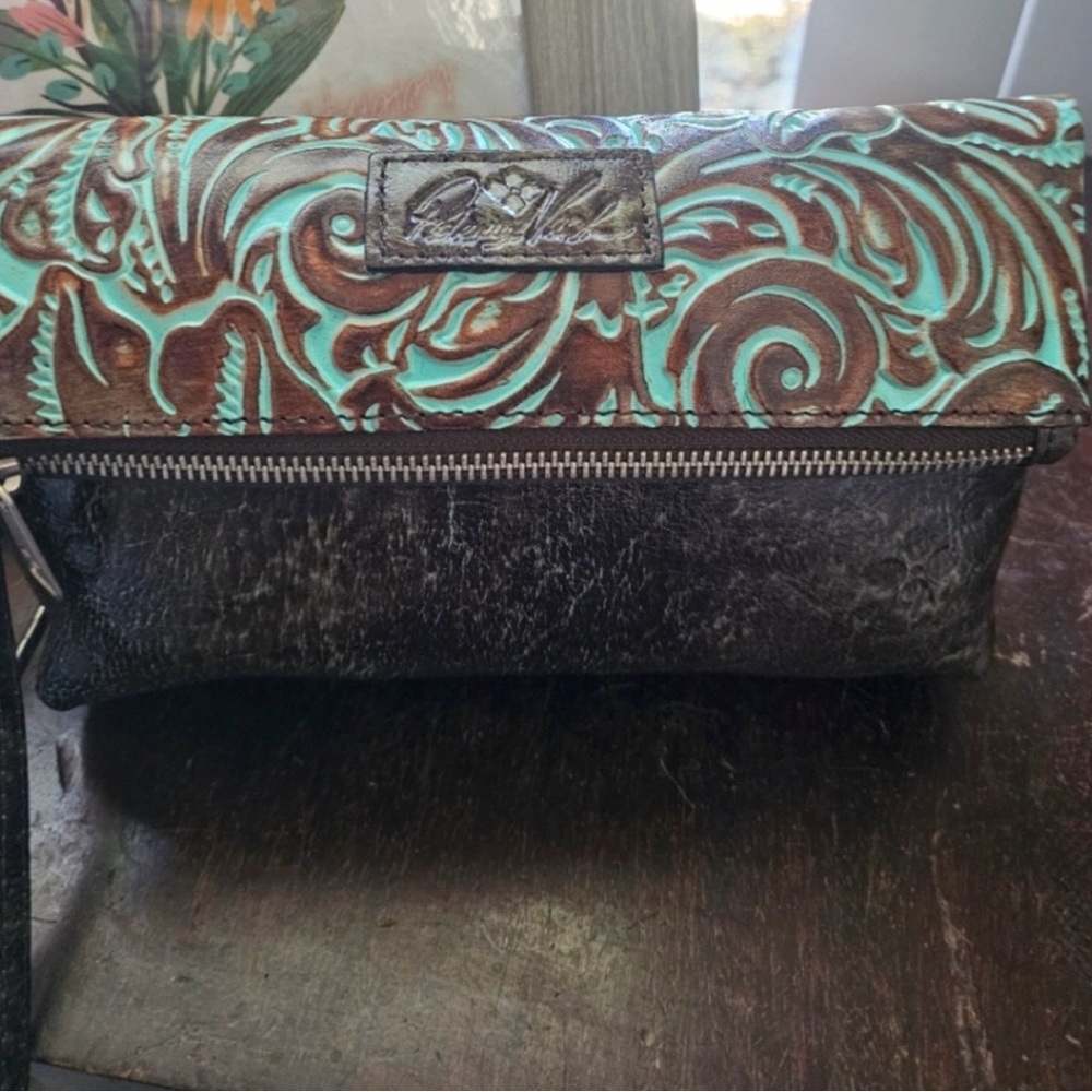 Patricia Nash Turquoise and Brown Embossed Leather Bag